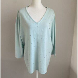 Designers Originals Womens 1X Blue Rhinestone Embellished 3/4 Sleeve Sweater